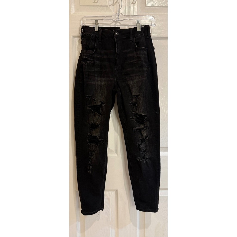 American Eagle Mom Jeans‎ Ripped Distressed Black Wash Super Stretch Size 6